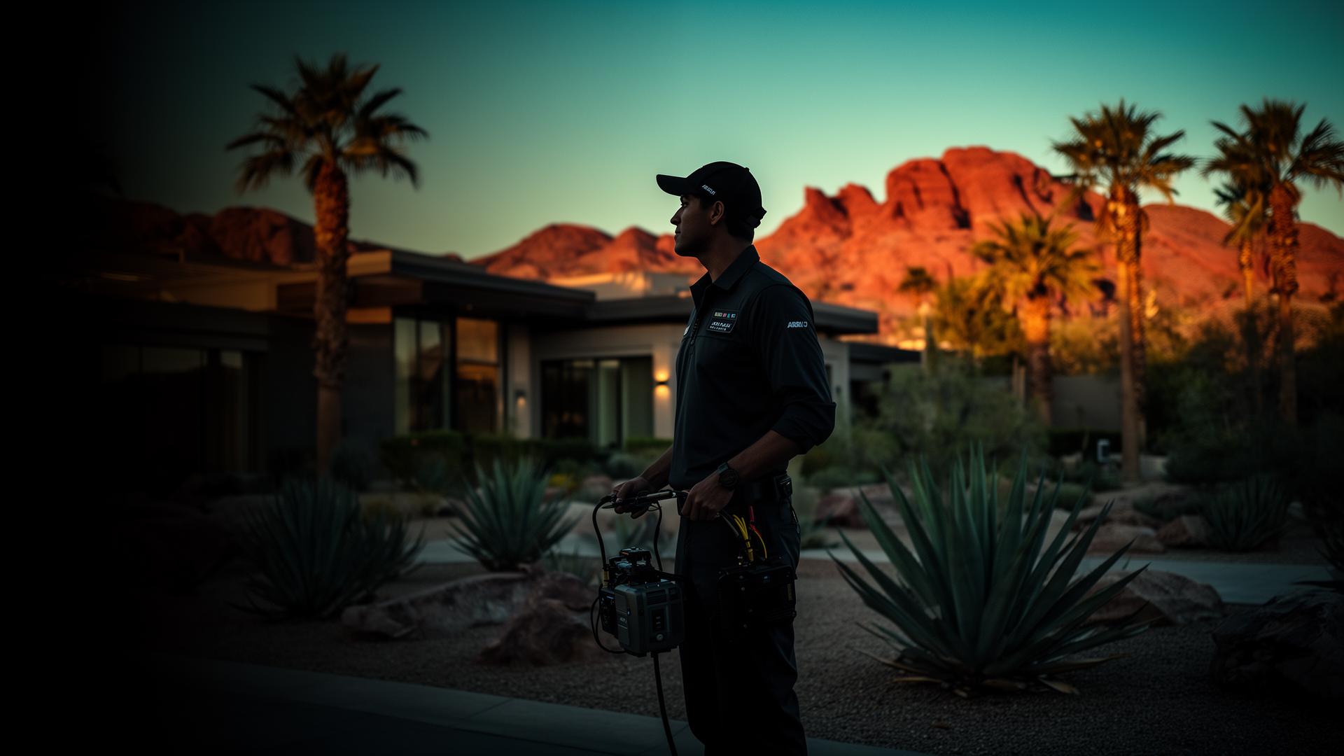B-Prime Pest Control technician at a luxury Las Vegas desert home at twilight